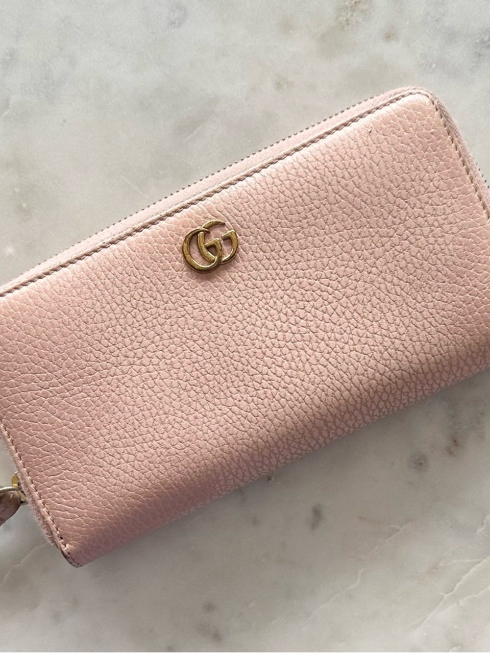 Gucci Blush Pink Pebbled Leather Zip-Around Wallet with Gold GG